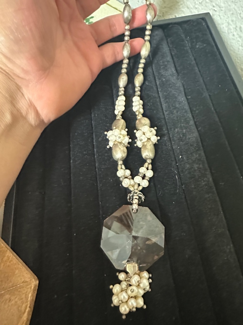 Silver Beaded Necklace with Clear Crystal Pendant 925